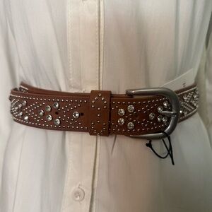 Brown PU studded leather with old silver tone buckle